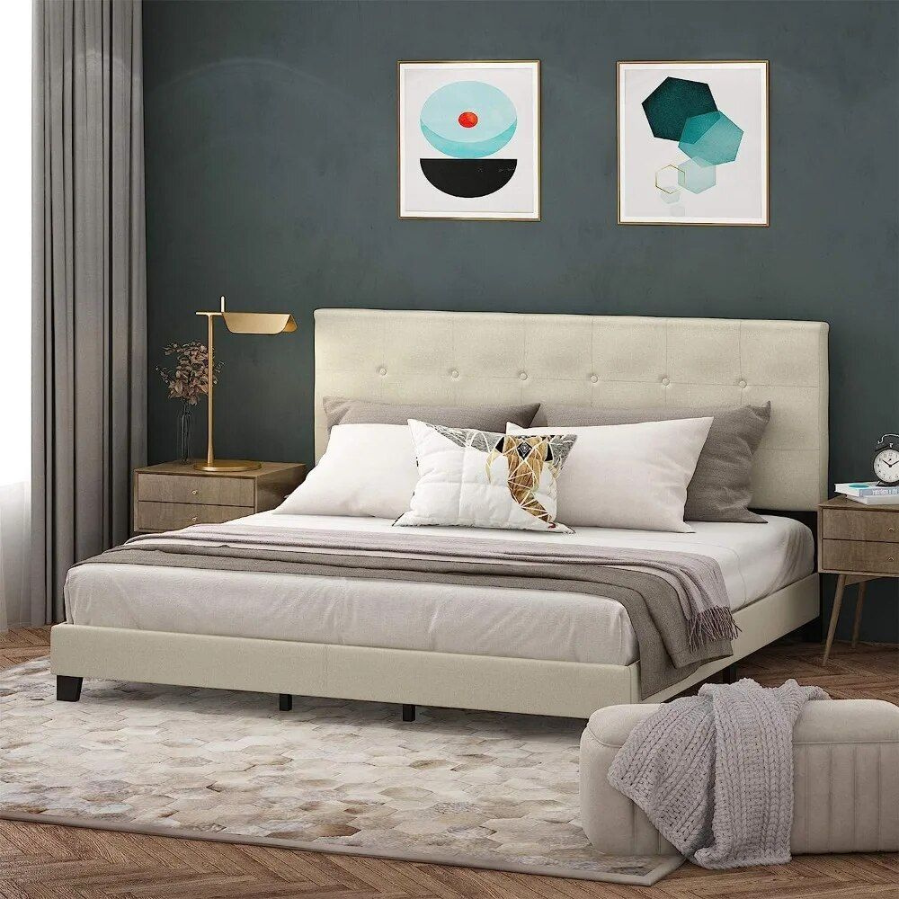 King Size Upholstered Platform Bed with Tufted Linen Headboard