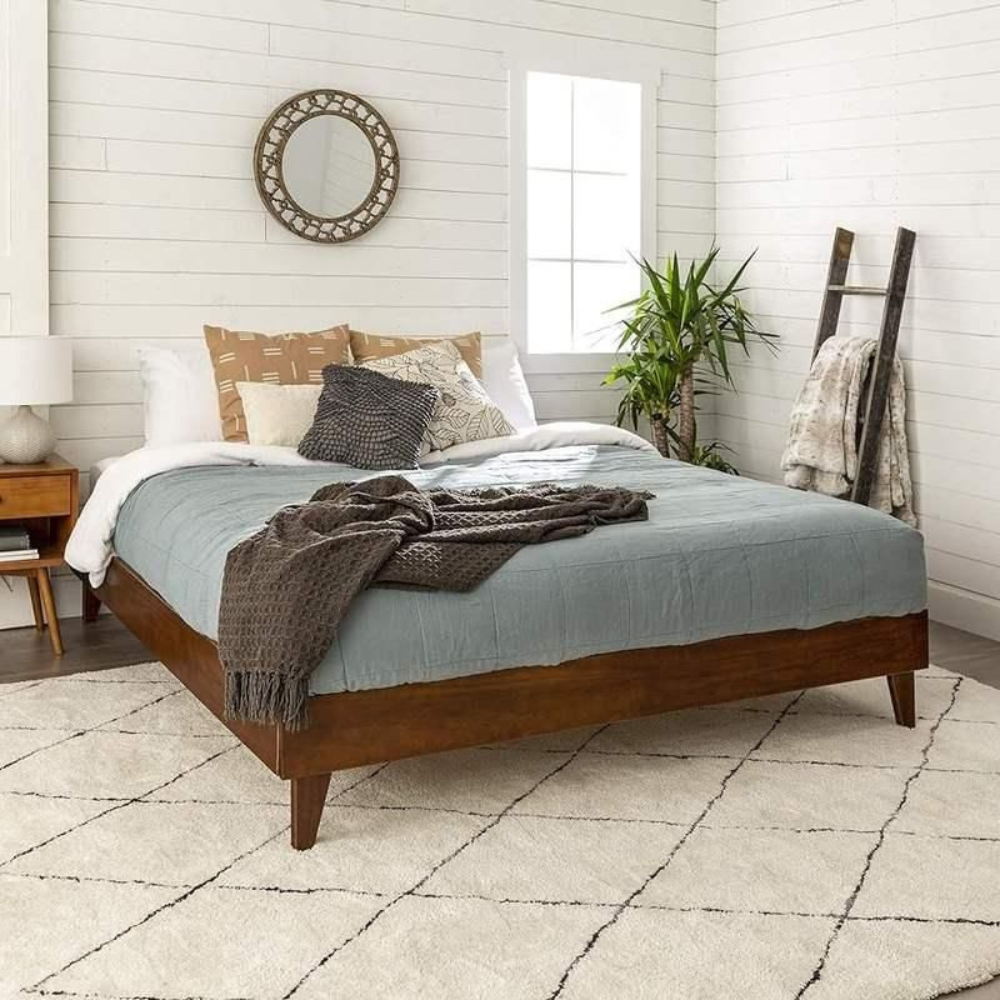 King-Size Mid Century Modern Wooden Platform Bed Frame with Headboard