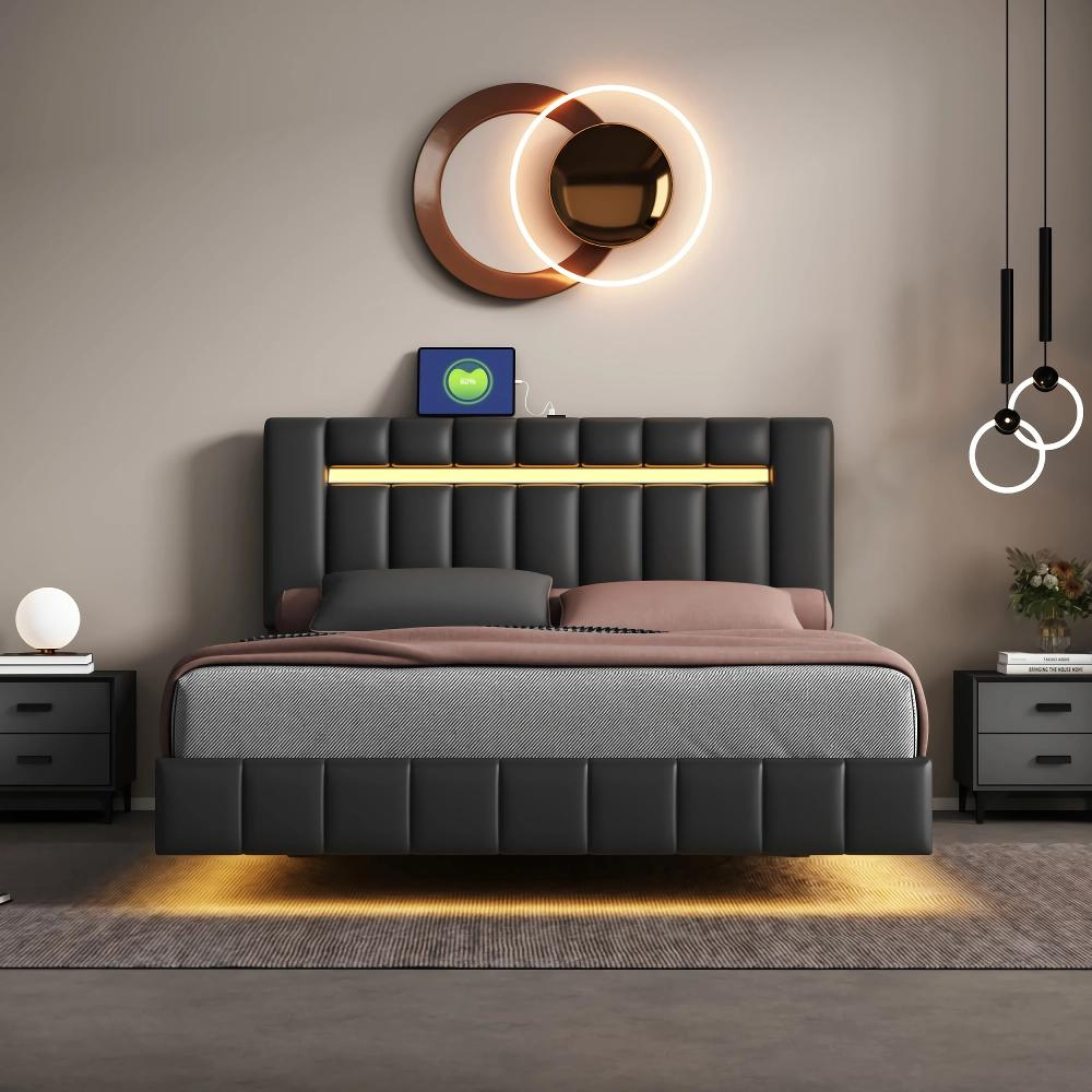 Queen Size LED Upholstered Platform Bed Frame with USB Charging