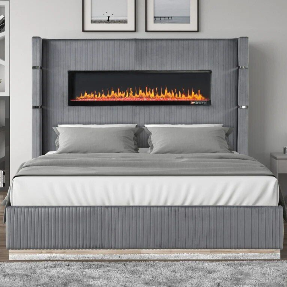 Luxury Velvet King Bed with Ambient Light & Fireplace Display