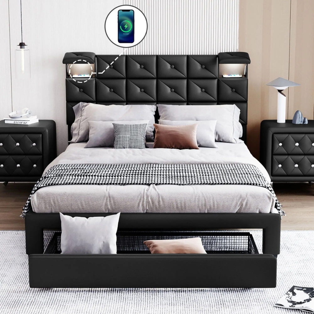 Modern Queen-Sized Upholstered PU Platform Bed with Wireless Charging and Storage