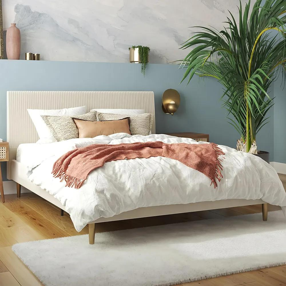 Velvet Upholstered Queen Bed with Modern Platform and Headboard – Ivory